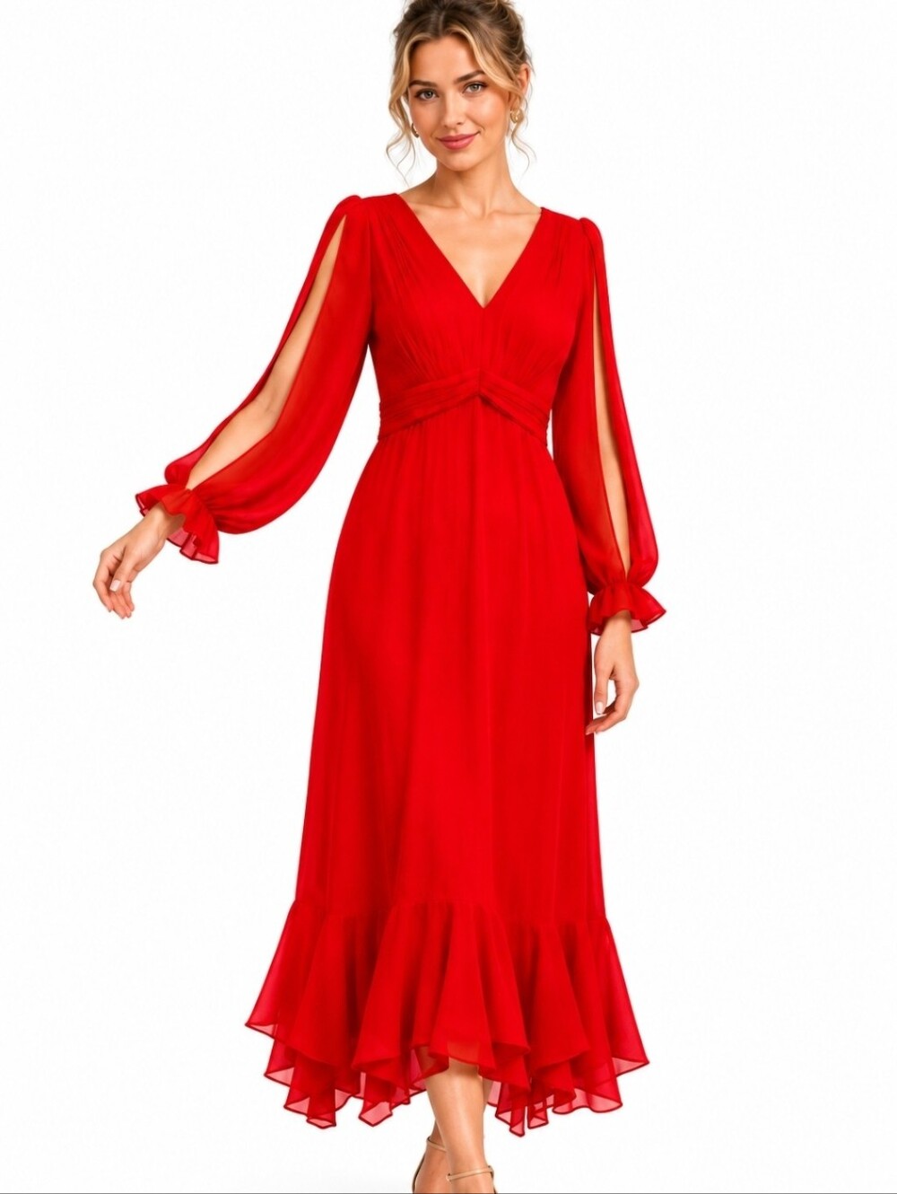 Mikael Aghal Red Chiffon Split Sleeve Ruffle Hem Maxi Dress Size 10 NWT